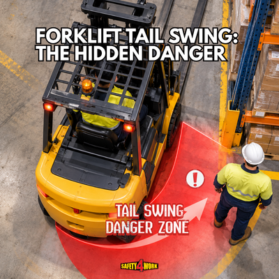 Forklift tail swing hazard showing a yellow forklift turning in a warehouse, with a red danger zone highlighting the risk of striking or crushing nearby pedestrians.
