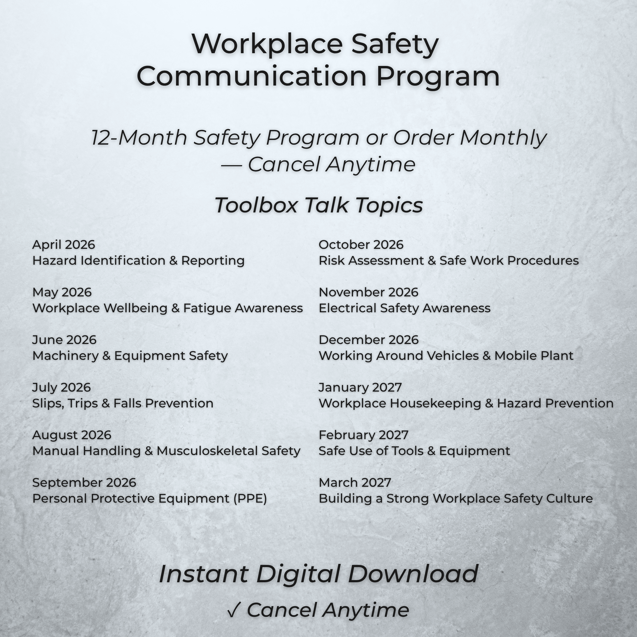 Workplace Safety Toolbox Talks & Safety Communication Kit | JUNE 2026